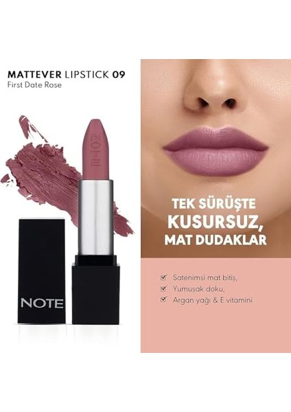 Note Mattever Lipstick 09 First Date Rose Yarı Mat Saten Bitişli Ruj, Pembe Nude fiyatları