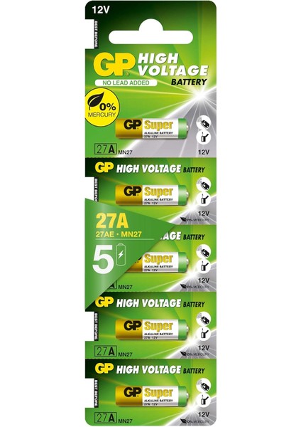 Gp Batteries GP27A Süper Alkalin 27A/MN27 Boy Pil, 12 Volt, 5'li Kart