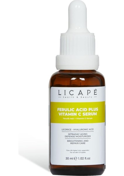 Licape Ferulik Asit + Vitamin C Serumu – Antioksidan, Aydınlatıcı ve Yaşlanma Karşıtı Yüz Serumu – Cilt Tonunu Eşitleyici ve Leke Görünümü Azaltıcı – 30 ml