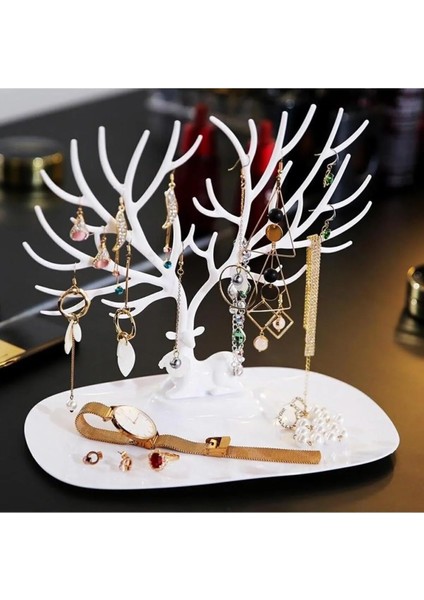 Geyik Tasarımlı Takı Yüzük Küpe Kolye Askılığı Mücevher Organizer Askı Beyaz