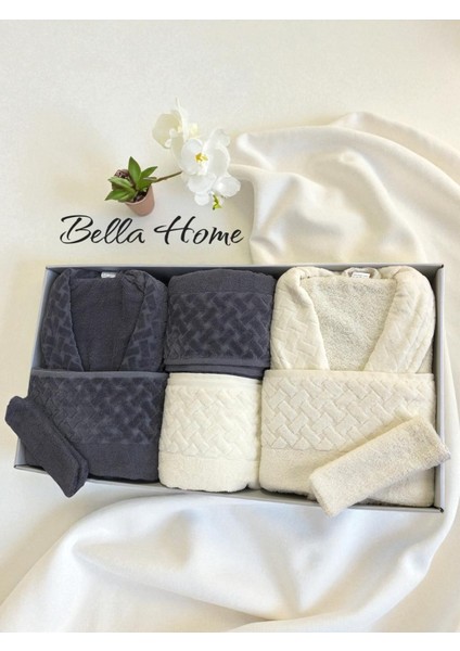 8 Parça Hasır Aile Bornoz Seti - Çeyiz Seti - %100 Pamuk - Orijinal Lüks Kutu