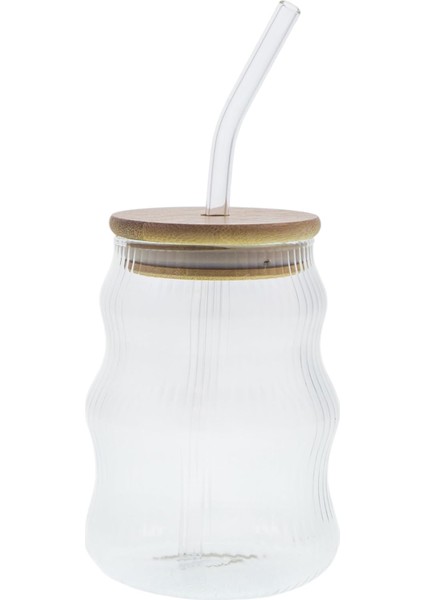 500ML Bambu Kapaklı Cam, Cam Pipetli Silikon Kapak Contalı Çizgi Desenli Soğuk Içecekler Için Kahve Meyve Suları ve Çayları Için Ergonomik Şık Tasarım