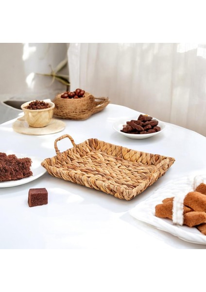 El Yapımı Su Sümbülü Hasır Kulplu Dekoratif Tepsi Küçük Boy (29CM*23CM*4CM)
