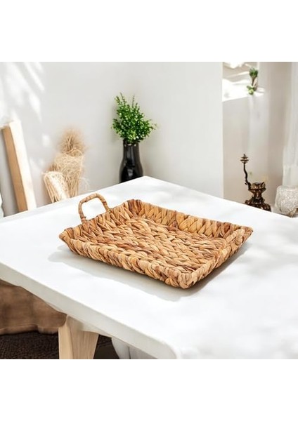 El Yapımı Su Sümbülü Hasır Kulplu Dekoratif Tepsi Küçük Boy (29CM*23CM*4CM) modelleri