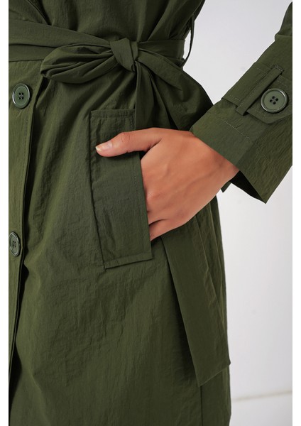 5938 Kruvaze Yaka Trençkot - Haki indirimleri