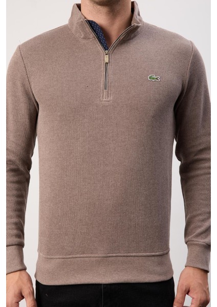 Fermuarlı Yaka Kahve Dar Kesim Erkek Triko