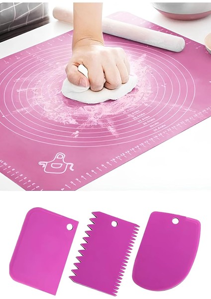 Hamur Açma Matı ve 3'lü Hamur Kesici Kazıyıcı Şekillendirici Seti