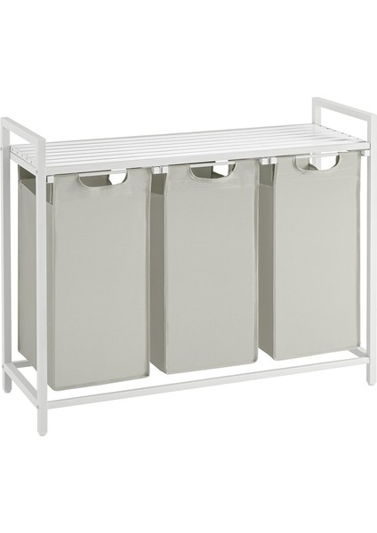 Çamaşır Sepeti 3 Bölmeli, Raflı Çamaşır Torbası, Çamaşır Kutusu, Kumaştan Uzatılabilir Çamaşır Torbası, Metal Çerçeve, 3 x 38 L, 92,5 x 33 x 72 Cm, Beyaz BLH301W01