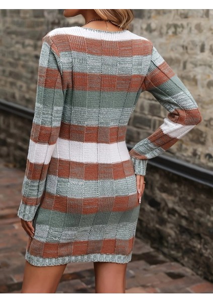 Kadın Uzun Kollu V Yakalı Çizgili Çok Renkli Triko Mini Elbise indirimleri