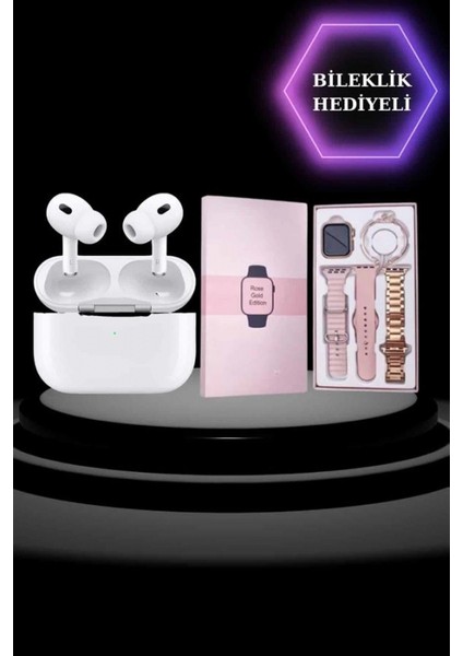 3 Kordonlu Pembe Amoled Ekran Akıllı Saat ve Yeni Nesil Pro Kablosuz Bluetooth Kulaklık Anc/enc modelleri