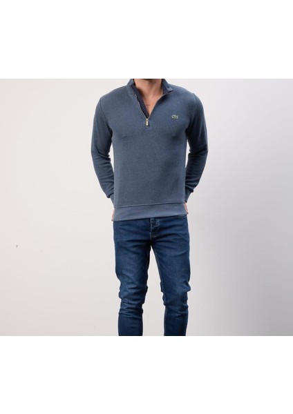 Fermuarlı Yaka Indigo Dar Kesim Erkek Triko