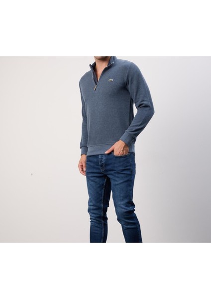 Fermuarlı Yaka Indigo Dar Kesim Erkek Triko fiyatları