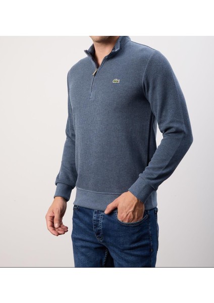 Fermuarlı Yaka Indigo Dar Kesim Erkek Triko fırsatları