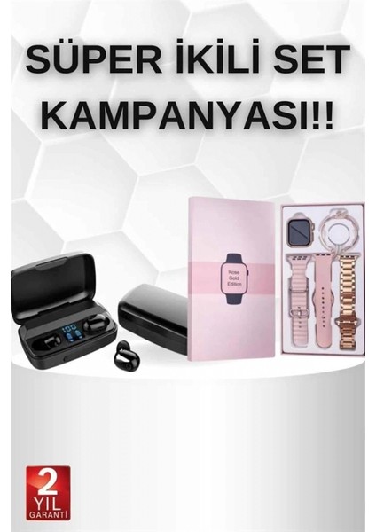 Wireless Şarjlı Pembe Akıllı Saat ve Kablosuz Bluetooth Kulaklık Dokunmatik Kontrol fiyatları