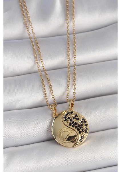 316L Çelik Gold Renk Zincir Zirkon Taşlı Ying Yang Model Gün Batımı Işlemeli Arkadaşlık Kadın Kolye