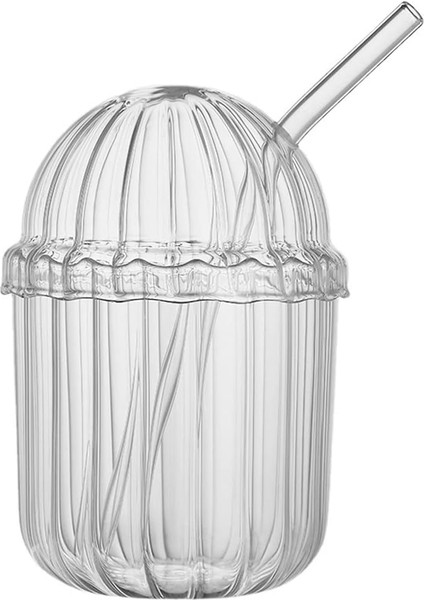 500ML Cam Kapaklı Pipetli, Kalın Çizgi Desenli Soğuk Içecekler Için Kahve Meyve Suları, Çayları Için Brokosilikat Bpa Içermeyen Sağlıklı Ergonomik Şık Tasarım