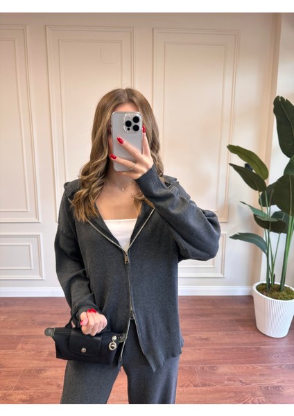 Fermuarlı Triko Takım - Gri