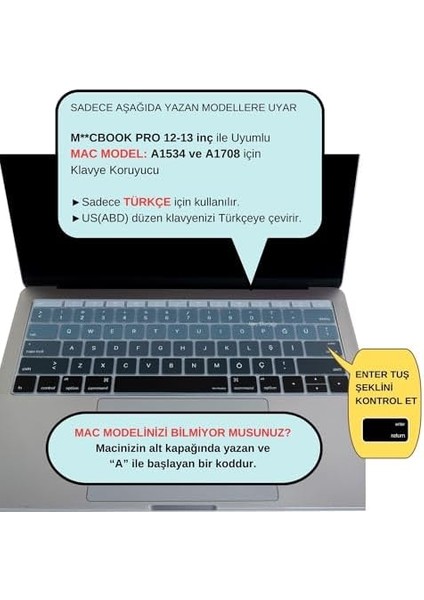 MacBook Klavye Koruyucu Us Ingilizce Amerikan-Return-Enter-Için Türkçe Çeviri Baskı Pro 13INÇ A1708, MacBook A1534 12INÇ Uyumlu, Ultra Ince Hafif Yıkanabilir Klavye Filmi Siyah Gri modelleri