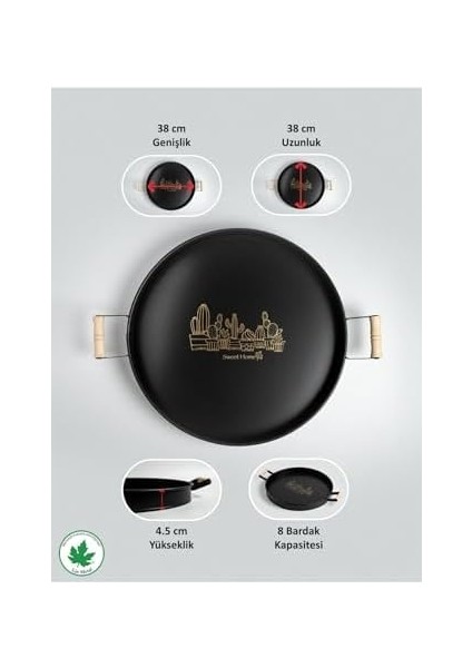 Metal 37CM Ahşap Kulplu Siyah Metal Tepsi Yuvarlak Çay Tepsisi Sunum Tepsisi Tahta Kulplu Kahve Tepsisi modelleri