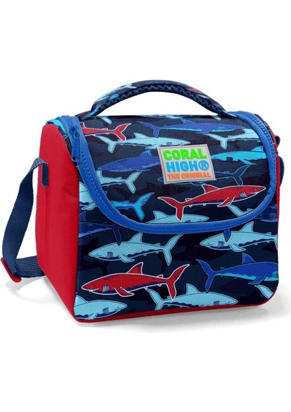 Erkek Çocuk Okul Beslenme Çantası - Isı Yalıtımlı Lacivert Kırmızı Köpekbalığı Baskılı