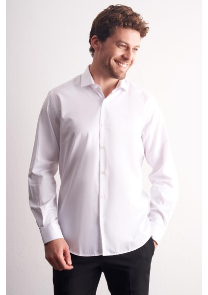 Beyaz Yarım Italyan Yaka Uzun Kol Premium Slim Fit %100 Pamuk Gömlek 1004255197