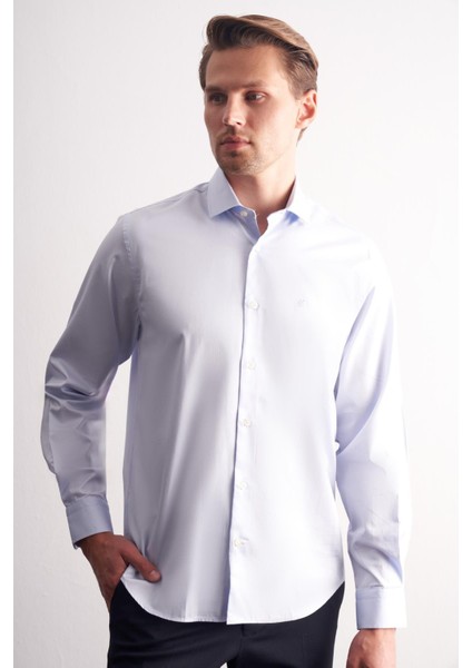 Açık Mavi Yarım Italyan Yaka Saten Uzun Kol Premium Slim Fit %100 Pamuk Gömlek 1004255195