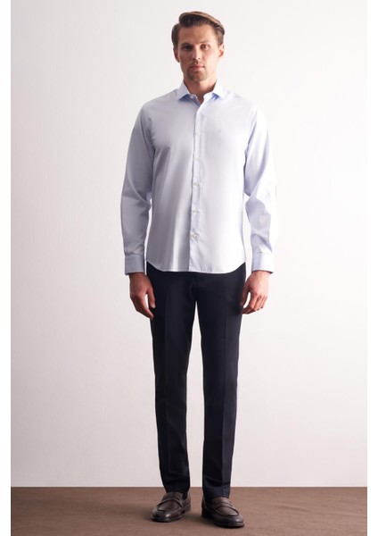 Açık Mavi Yarım Italyan Yaka Saten Uzun Kol Premium Slim Fit %100 Pamuk Gömlek 1004255195 modelleri