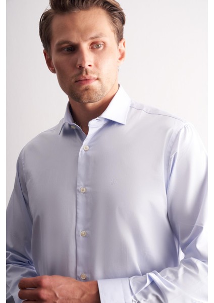 Açık Mavi Yarım Italyan Yaka Saten Uzun Kol Premium Slim Fit %100 Pamuk Gömlek 1004255195 fırsatları
