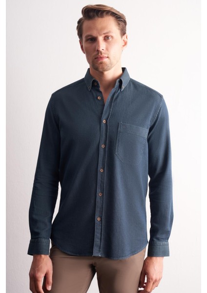Lacivert - Haki Uzun Kol Düğmeli Yaka Kendinden Desenli %100 Pamuk Slim Fit Gömlek 1004255199