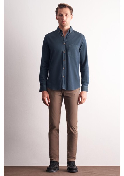 Lacivert - Haki Uzun Kol Düğmeli Yaka Kendinden Desenli %100 Pamuk Slim Fit Gömlek 1004255199 fiyatları