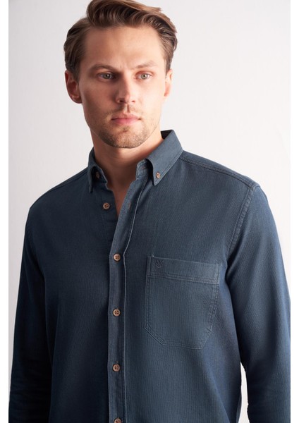 Lacivert - Haki Uzun Kol Düğmeli Yaka Kendinden Desenli %100 Pamuk Slim Fit Gömlek 1004255199 fırsatları
