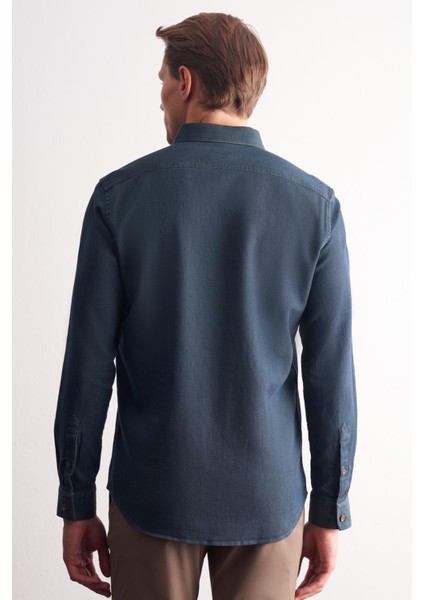 Lacivert - Haki Uzun Kol Düğmeli Yaka Kendinden Desenli %100 Pamuk Slim Fit Gömlek 1004255199 indirimleri