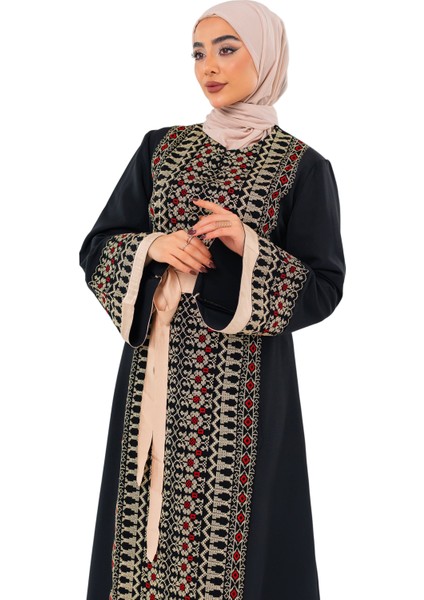 Kadın Elbise – Saten Kemerli Siyah Filistin Nakışlı Kadın Elbise fiyatları