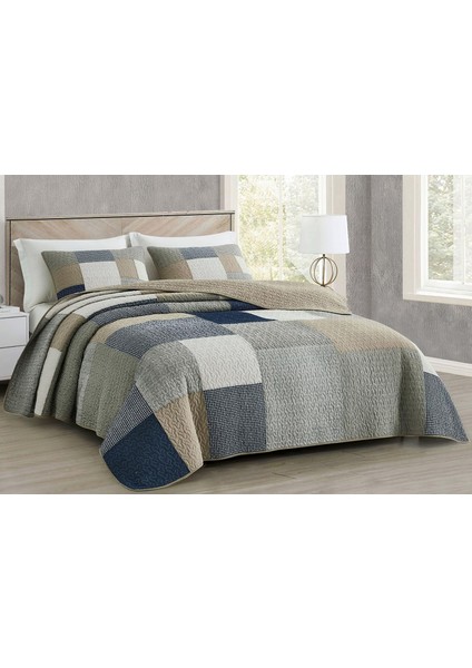 Addy 3 Parça Lacivert Beyaz Gri Boz Ekose Yama Işi Yorgan Seti - Önceden Yıkanmış Pamuk Pike - Hafif Ters Çevrilebilir Yatak Örtüsü, Battal Boy