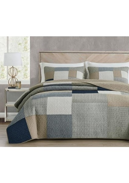Addy 3 Parça Lacivert Beyaz Gri Boz Ekose Yama Işi Yorgan Seti - Önceden Yıkanmış Pamuk Pike - Hafif Ters Çevrilebilir Yatak Örtüsü, Battal Boy modelleri