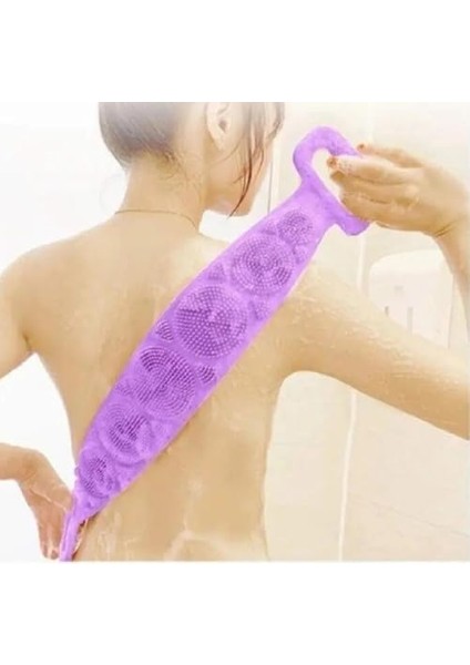 Çift Taraflı, Silikon Duş, Banyo Sırt Lifi, Sırt Temizlik Palası, Fırçası (Uzunluk 70 Cm) (Mor)