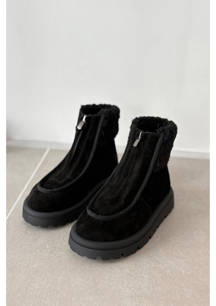 Bruve Ön Fermuar Detaylı Kürklü Hakiki Deri Süet Kadın Bot-Siyah