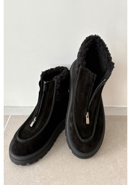 Bruve Ön Fermuar Detaylı Kürklü Hakiki Deri Süet Kadın Bot-Siyah fiyatları