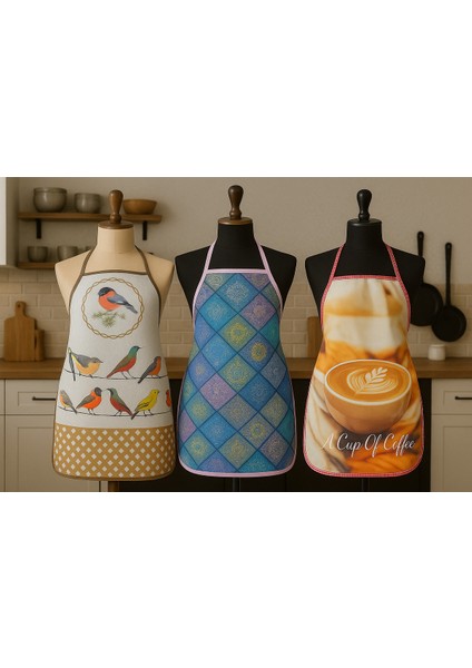 3'lü Avantajlı Mutfak Önlüğü Sıvı Geçirmez Dijital Baskılı Önlük