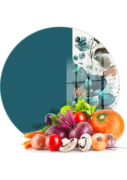 Cam Kesme Tahtası ve Sunumluk Yuvarlak Vintage Green Flower 30X30 cm