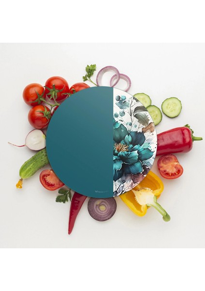 Cam Kesme Tahtası ve Sunumluk Yuvarlak Vintage Green Flower 30X30 cm modelleri