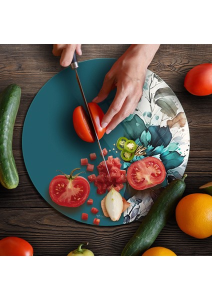 Cam Kesme Tahtası ve Sunumluk Yuvarlak Vintage Green Flower 30X30 cm fırsatları