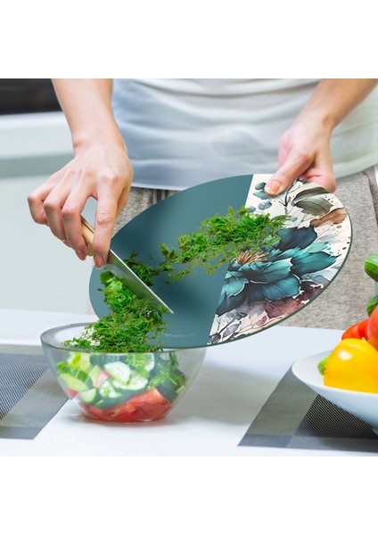 Cam Kesme Tahtası ve Sunumluk Yuvarlak Vintage Green Flower 30X30 cm indirimleri