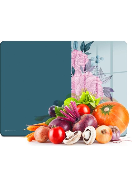 Cam Kesme Tahtası ve Sunumluk Vintage Turkuaz Pembe Güller 30X40 cm