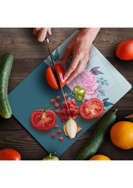 Cam Kesme Tahtası ve Sunumluk Vintage Turkuaz Pembe Güller 30X40 cm fırsatları