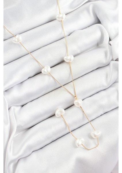 Pirinç Incili Kalp Figürlü Y Model Gold Renk Kadın Kolye