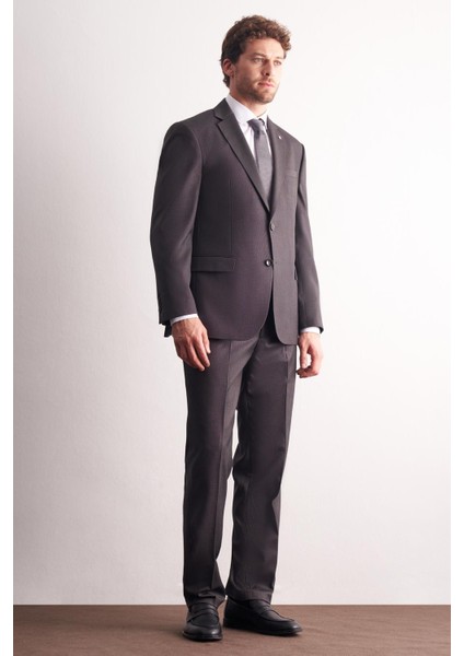 Kahverengi Mono Yaka Kendinden Desenli Esnek Bel 4 Drop Comfort Fit Takım Elbise 1001255169