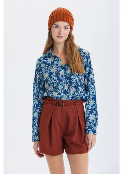 Çiçek Desenli Pamuklu Gömlek Mavi modelleri