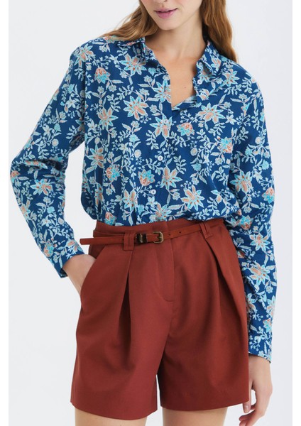 Çiçek Desenli Pamuklu Gömlek Mavi indirimleri