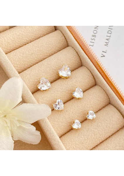 Tektaş Küpe Kalp Model Tektaş Üçlü Set Küpe Kararmaz Çelik